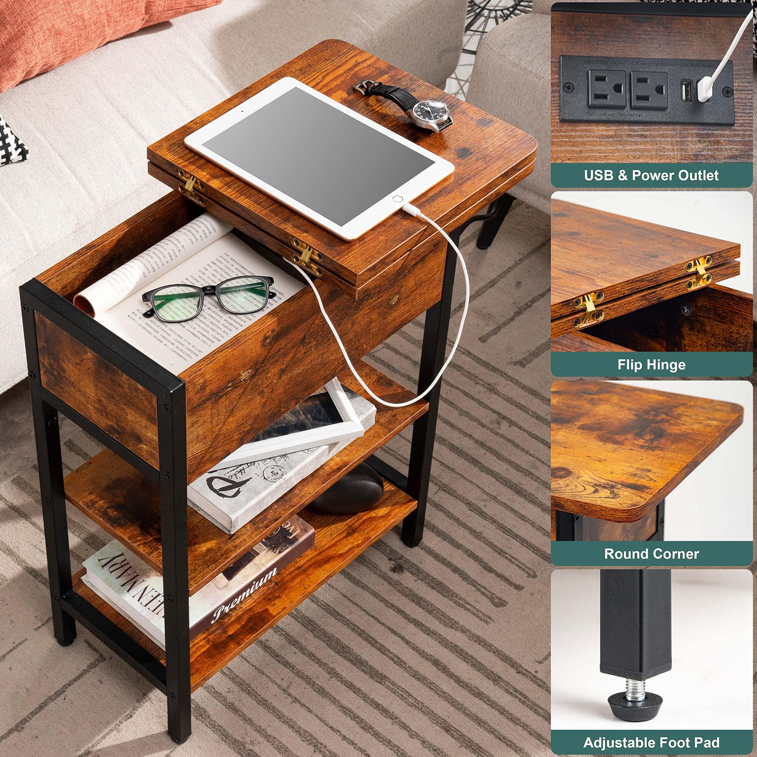 Yoobure End Table with Charging Station, Flip Top Side Table with USB Ports and Outlets, Sofa Couch Table Bedside Table for Living Room Bedroom, Narrow Nightstand with Storage Shelves for Small Space - Image 5