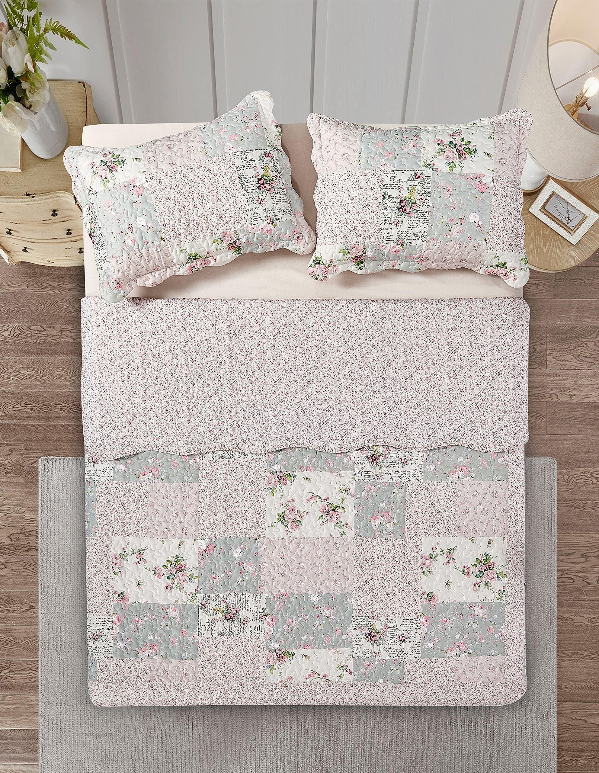 Brilliant Sunshine Rose and Sage Quilt Set, 3-Piece Bedding Sets, Traditional Patchwork Design, Washable and Reversible Bedspread, Soft Lightweight Coverlet, All-Season, Full/Queen, Light Pink Green - Image 4
