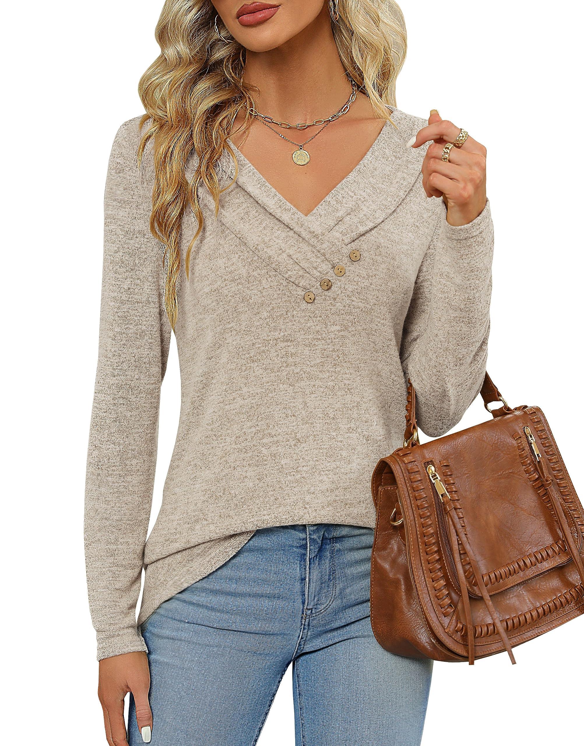 FMEYOA Women's Fall Long Sleeve Tunic Tops for Leggings V Neck Button Casual Blouse Sweatshirt - Image 5