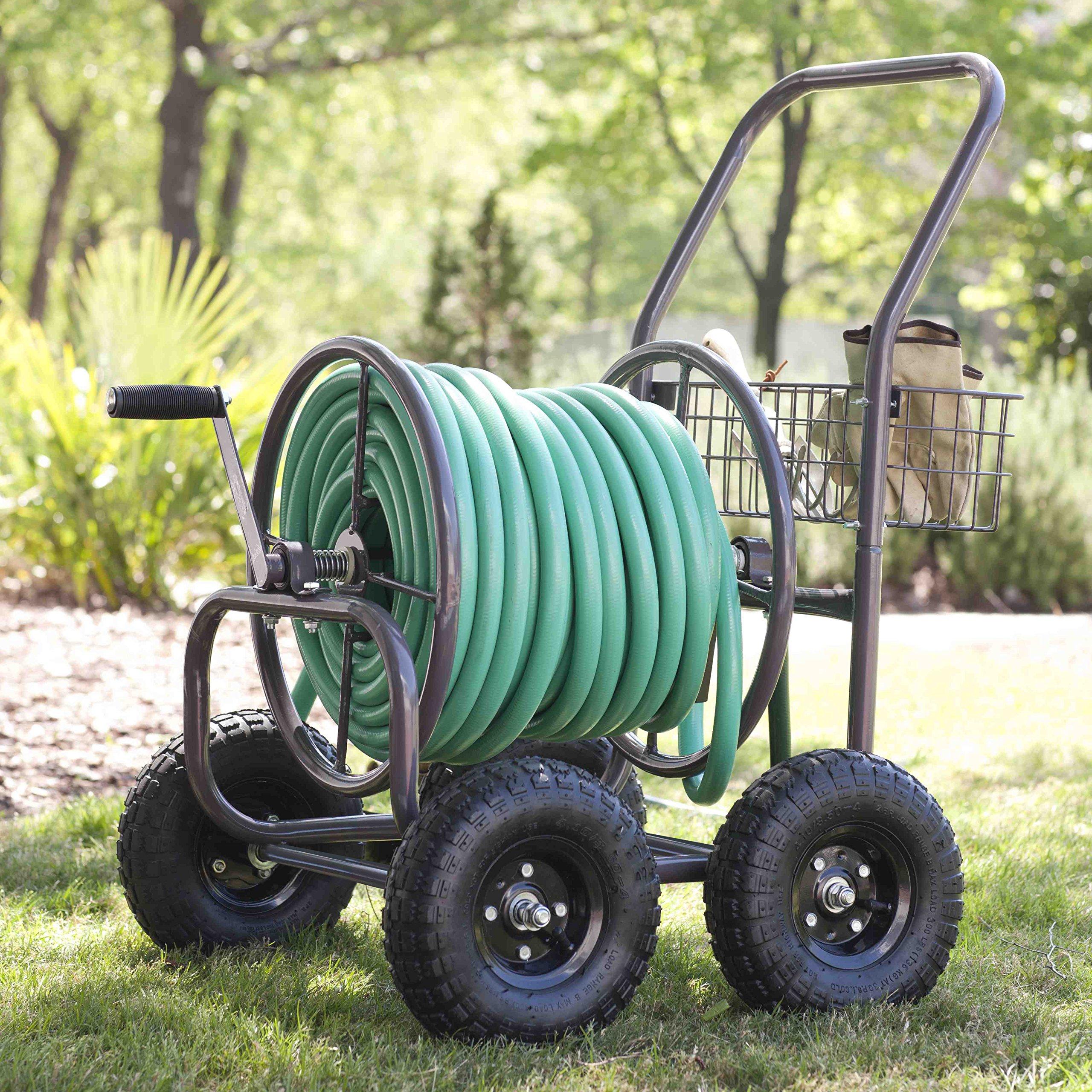 Liberty Garden Residential Grade Four Wheel 250 Foot Capacity Steel Frame Water Hose Reel Cart with Basket for Backyard, Garden, or Home, Brown, Bronze - Image 2