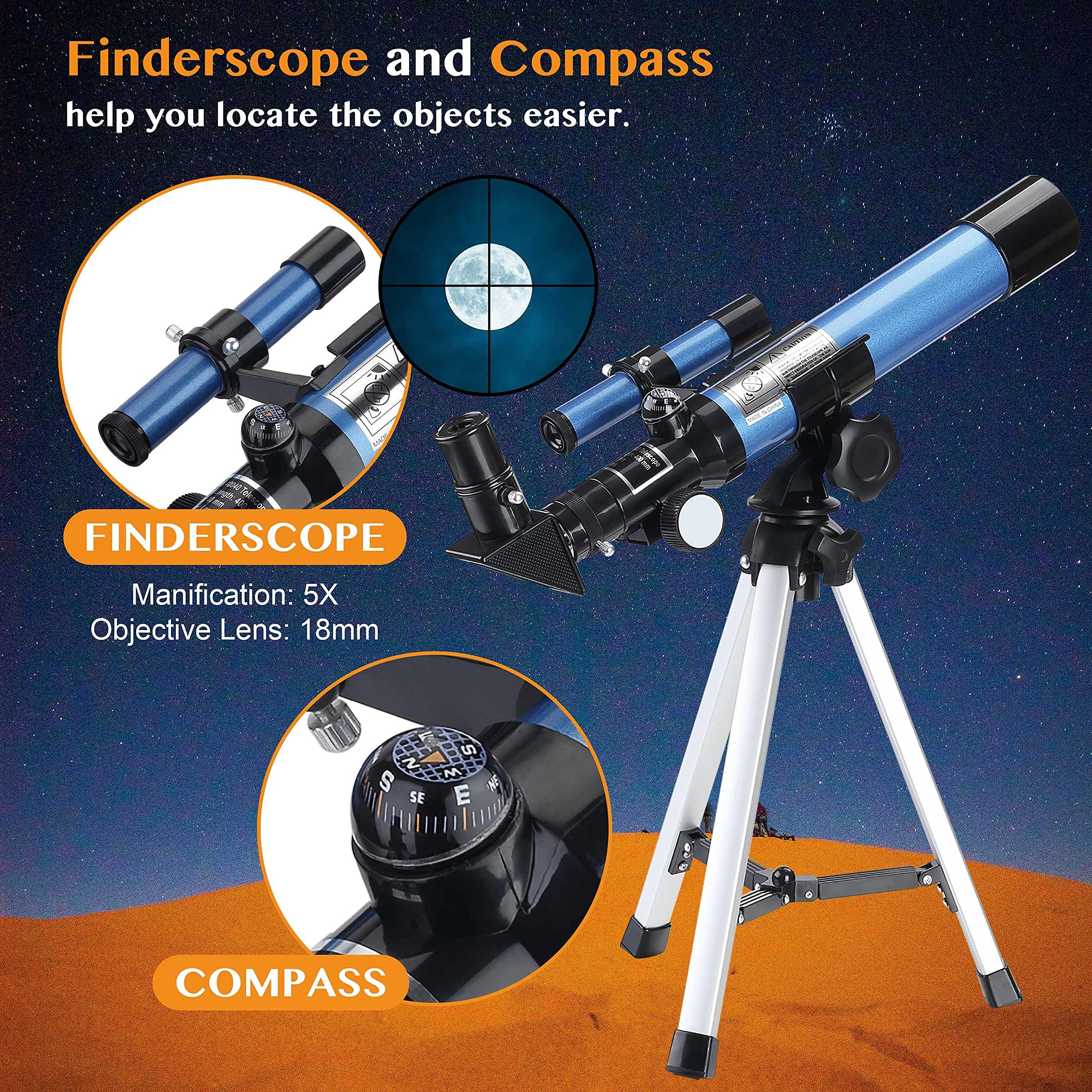 AOMEKIE Telescopes for Kids 40/400 with Tabletop Tripod 2 Eyepieces Portable Telescopes for Astronomy Beginners with Finderscope and Compass for Kids Over 8 Years Old,Space Toys, Gifts - Image 3