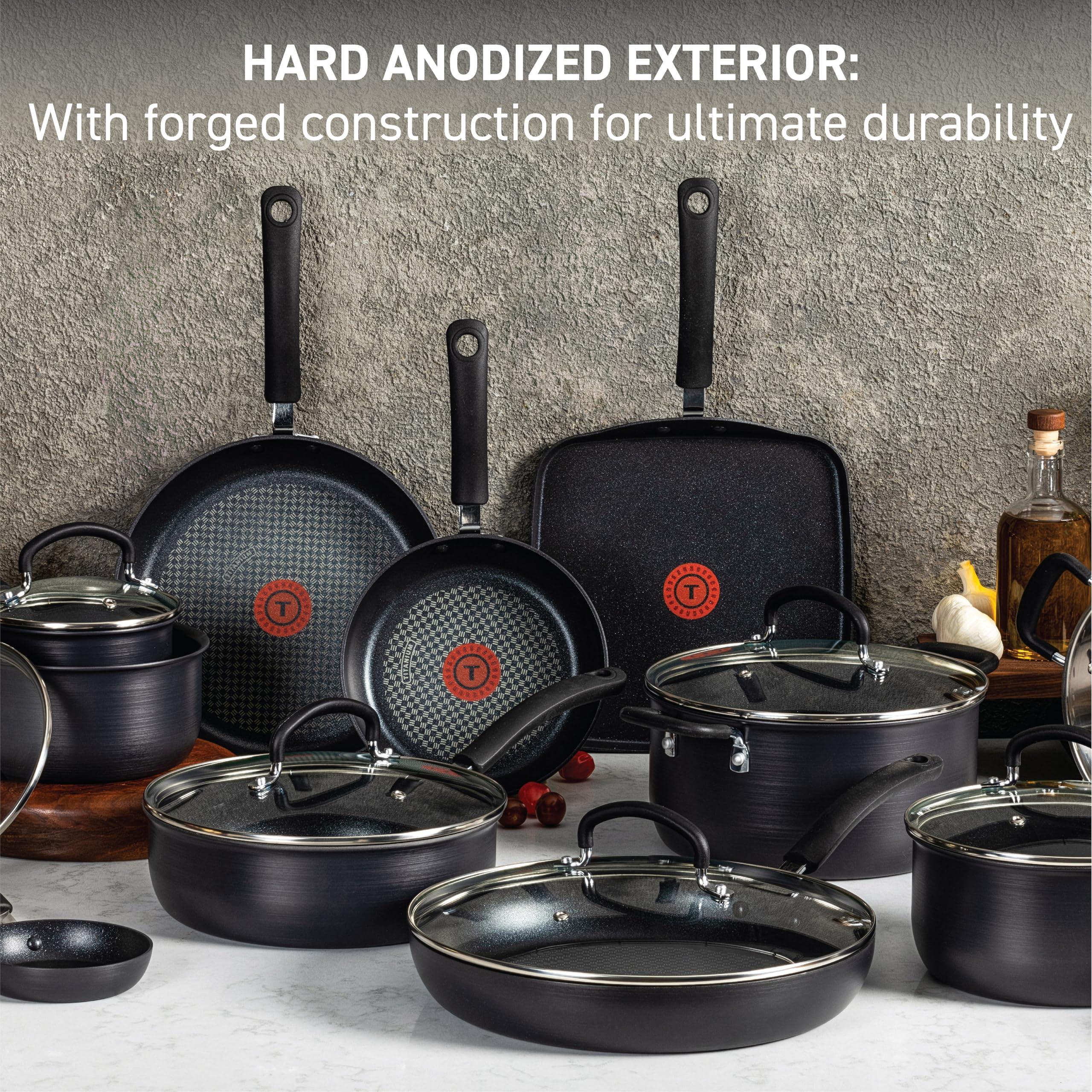 T-fal Ultimate Hard Anodized Nonstick Cookware Set 14 Piece, Oven Broiler Safe 400F, Lid Safe 350F, Kitchen Cooking Set w/Fry Pans, Saucepans, Griddle, Dutch Oven, Pots & Pans, Dishwasher Safe, Black - Image 3