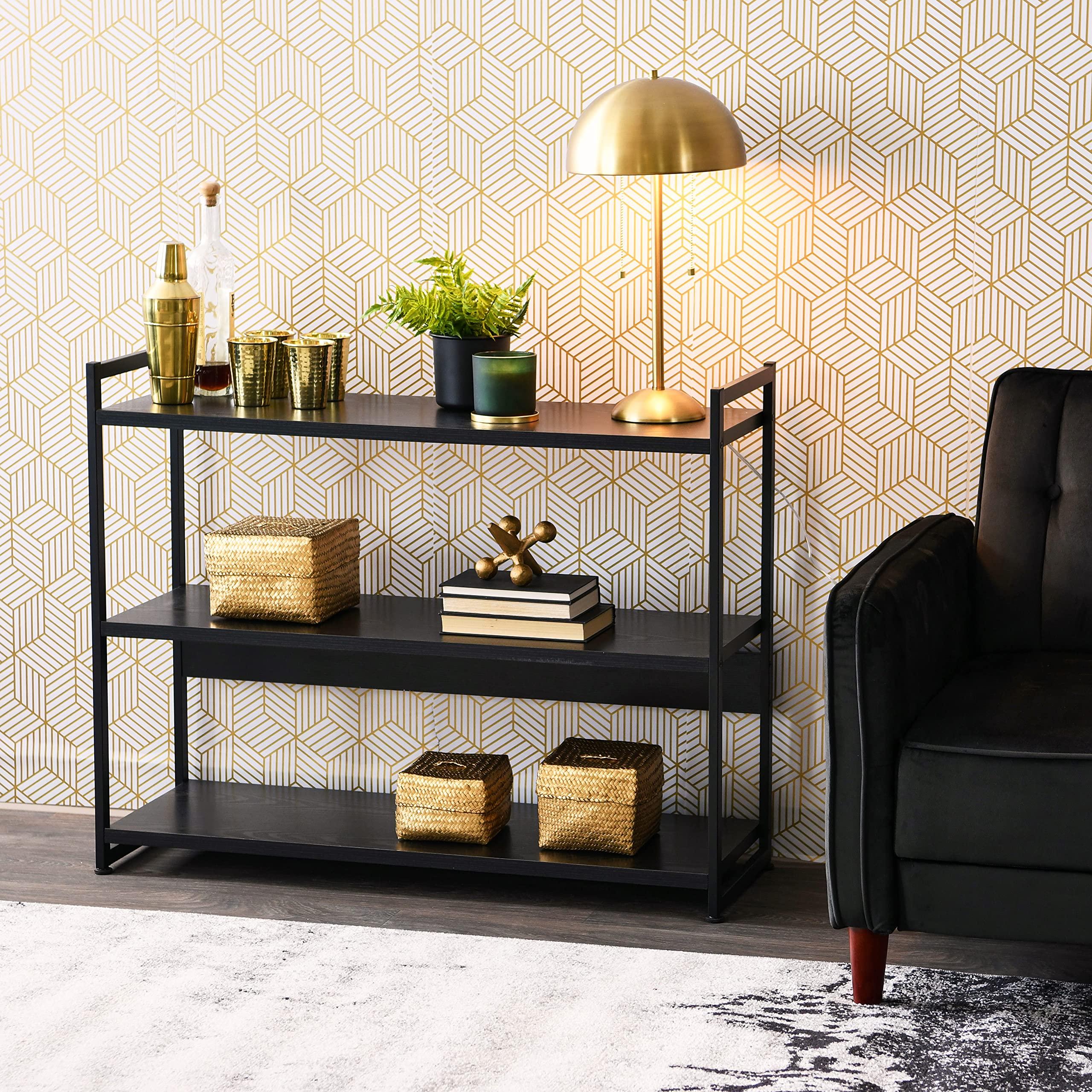 Household Essentials Jamestown Wide 3 Shelf Open Storage Bookshelf Black Oak Wood Grain and Black Metal - Image 2