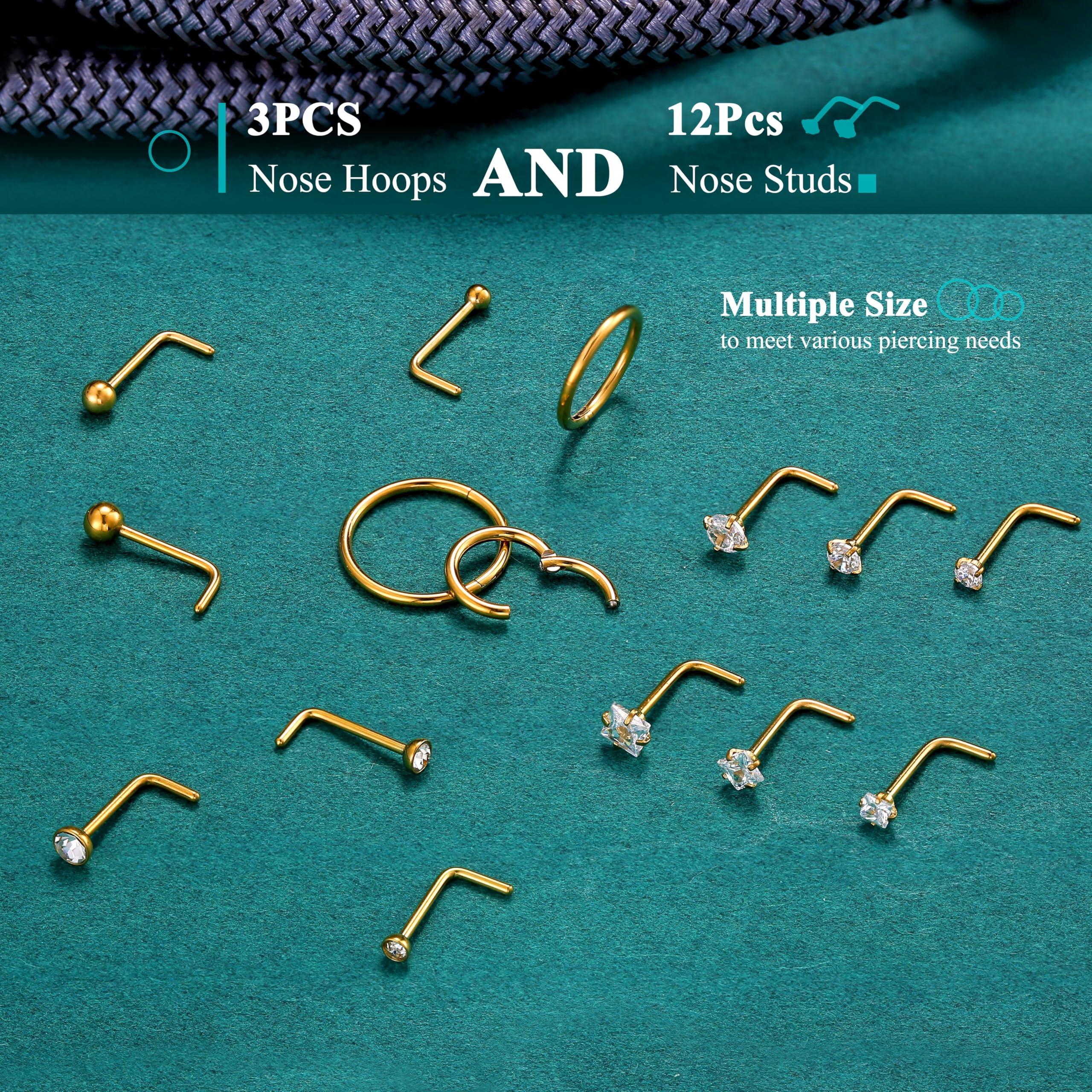 18G Nose Rings Hoops and 20G Nose Studs for Women Men -Hypoallergenic 316L Surgical Stainless Steel Clicker Hinged Segment Ball CZ Simulated Diamond Nostril Piercings Jewelry 15Pcs - Image 6
