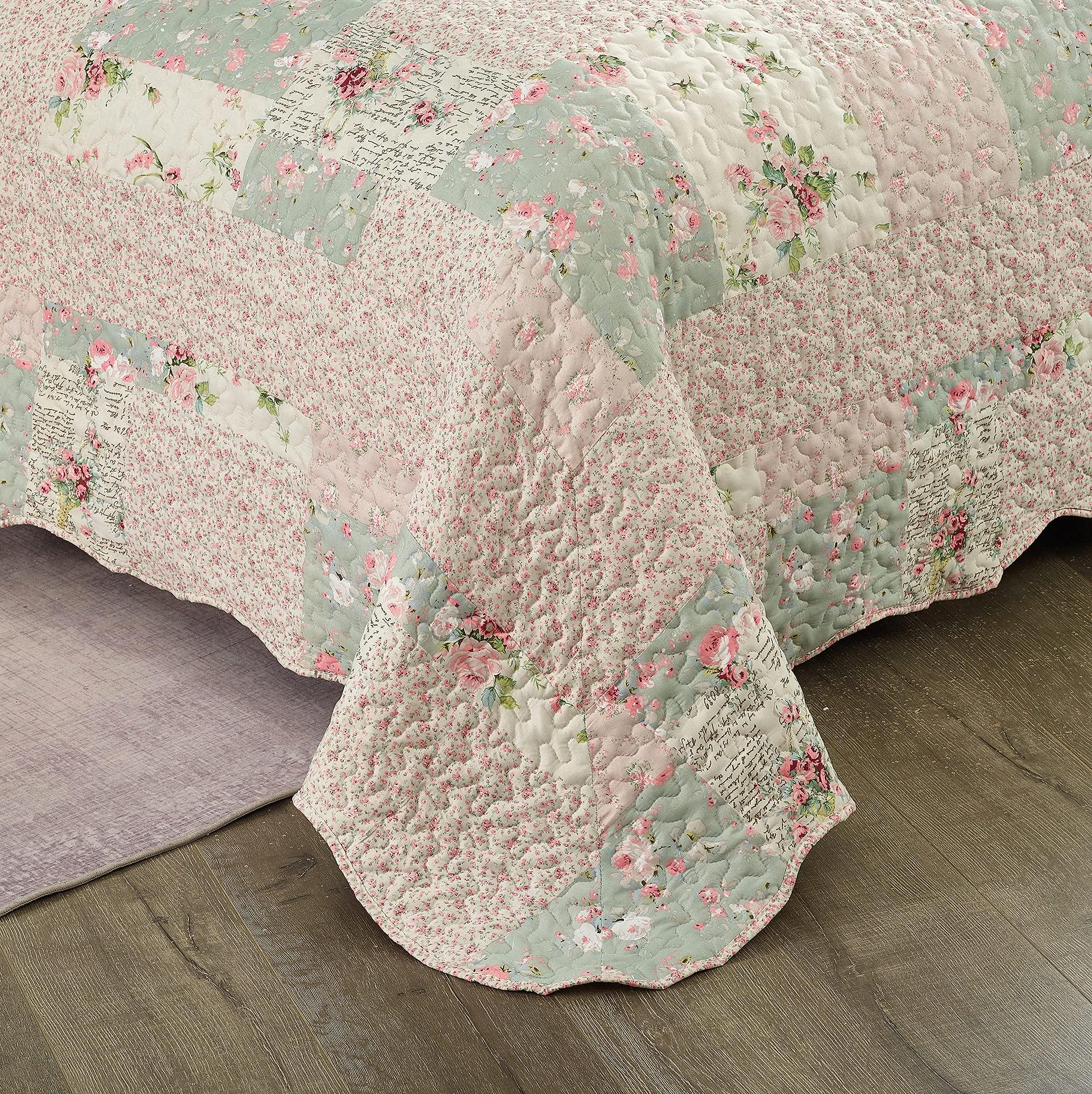 Brilliant Sunshine Rose and Sage Quilt Set, 3-Piece Bedding Sets, Traditional Patchwork Design, Washable and Reversible Bedspread, Soft Lightweight Coverlet, All-Season, Full/Queen, Light Pink Green - Image 6