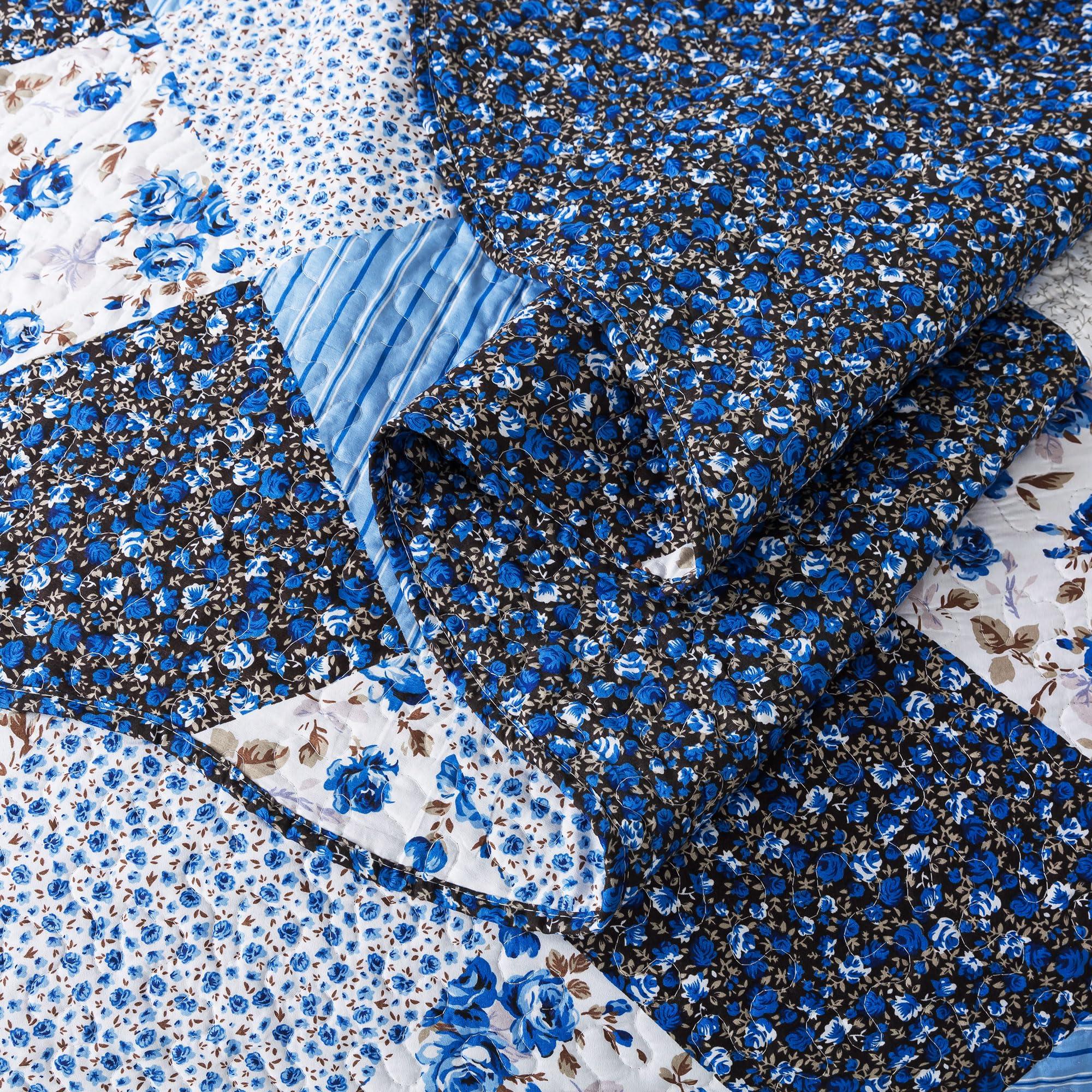 HoneiLife Quilt Set King Size - 3 Piece Microfiber Quilts Reversible Bedspreads Patchwork Coverlets Floral Bedding Set All Season Quilts with Blue and White Porcelain Pattern - Image 7