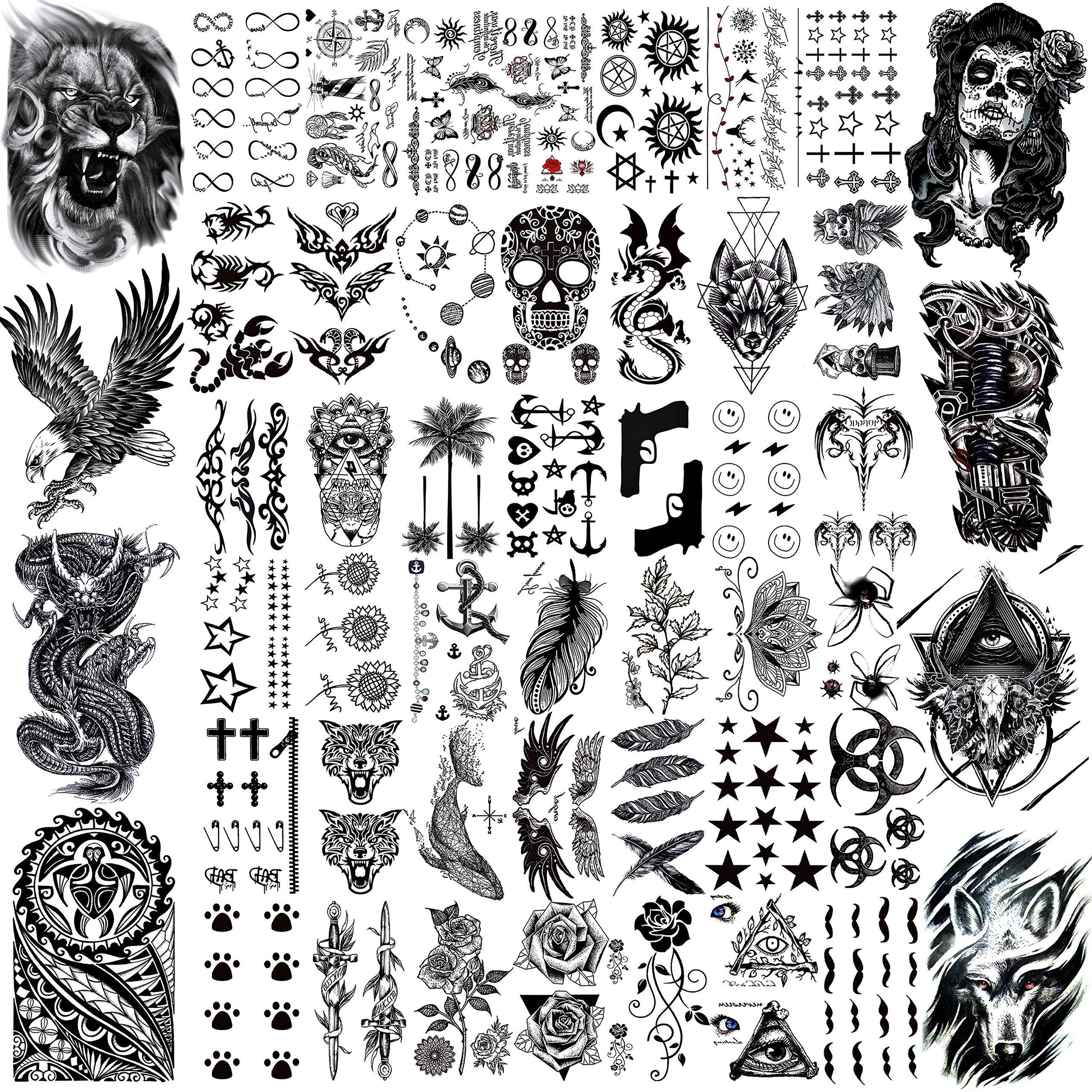 VANTATY 50 Sheets Black Temporary Tattoos For Men Adults Ealge Dragon Lion Wolf Animals For Women Neck Arm Thigh, Fake Small Skull Tattoo Sticker For Kids Children Boys Girls Tatoos - Image 1