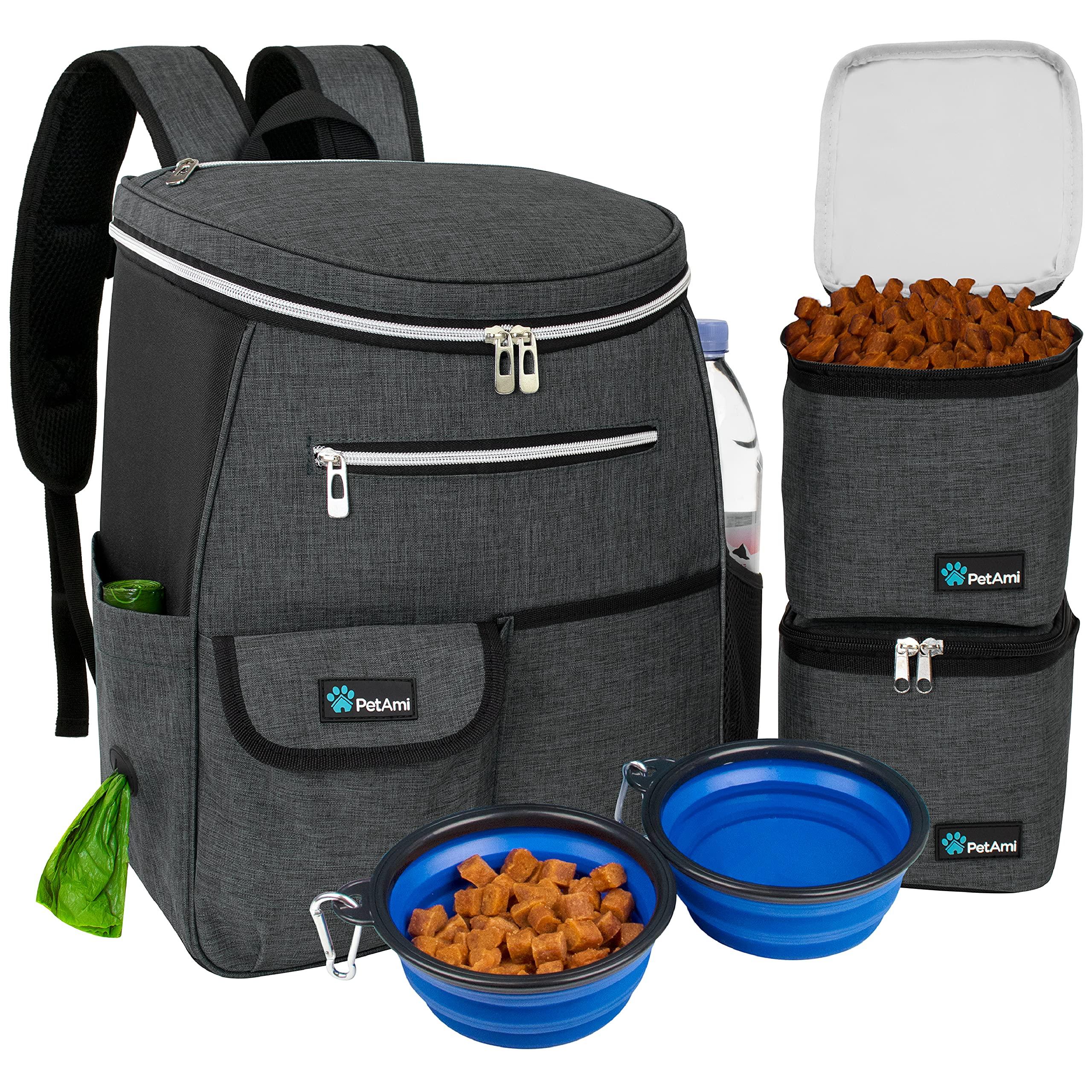 PetAmi Dog Travel Bag Backpack, Airline Approved Dog Bags for Traveling, Puppy Diaper Bag Supplies, Pet Camping Essentials Hiking Accessories Dog Mom Gift, Food Container, Collapsible Bowls, Dark Gray