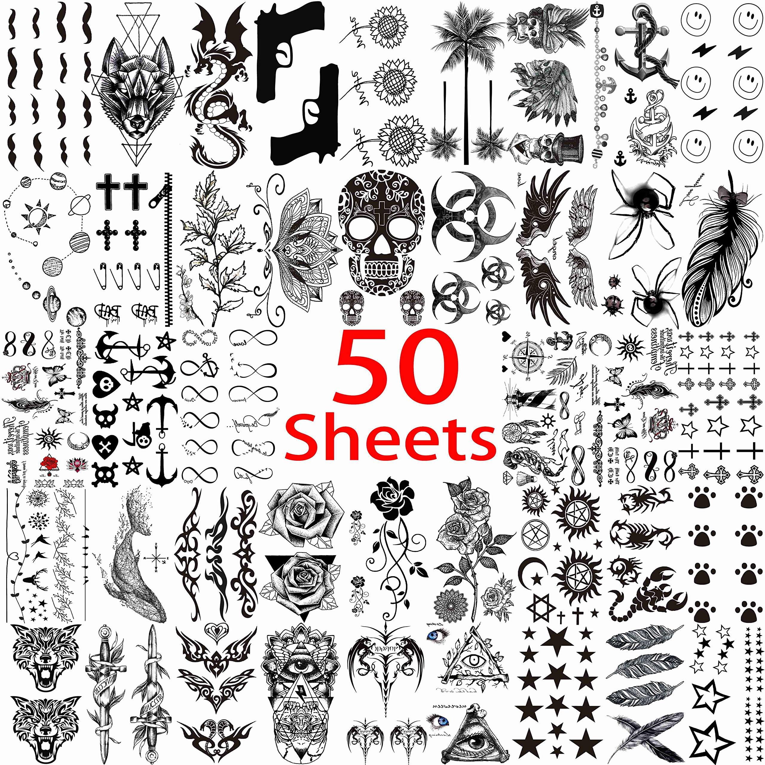 VANTATY 50 Sheets Black Temporary Tattoos For Men Adults Ealge Dragon Lion Wolf Animals For Women Neck Arm Thigh, Fake Small Skull Tattoo Sticker For Kids Children Boys Girls Tatoos - Image 4