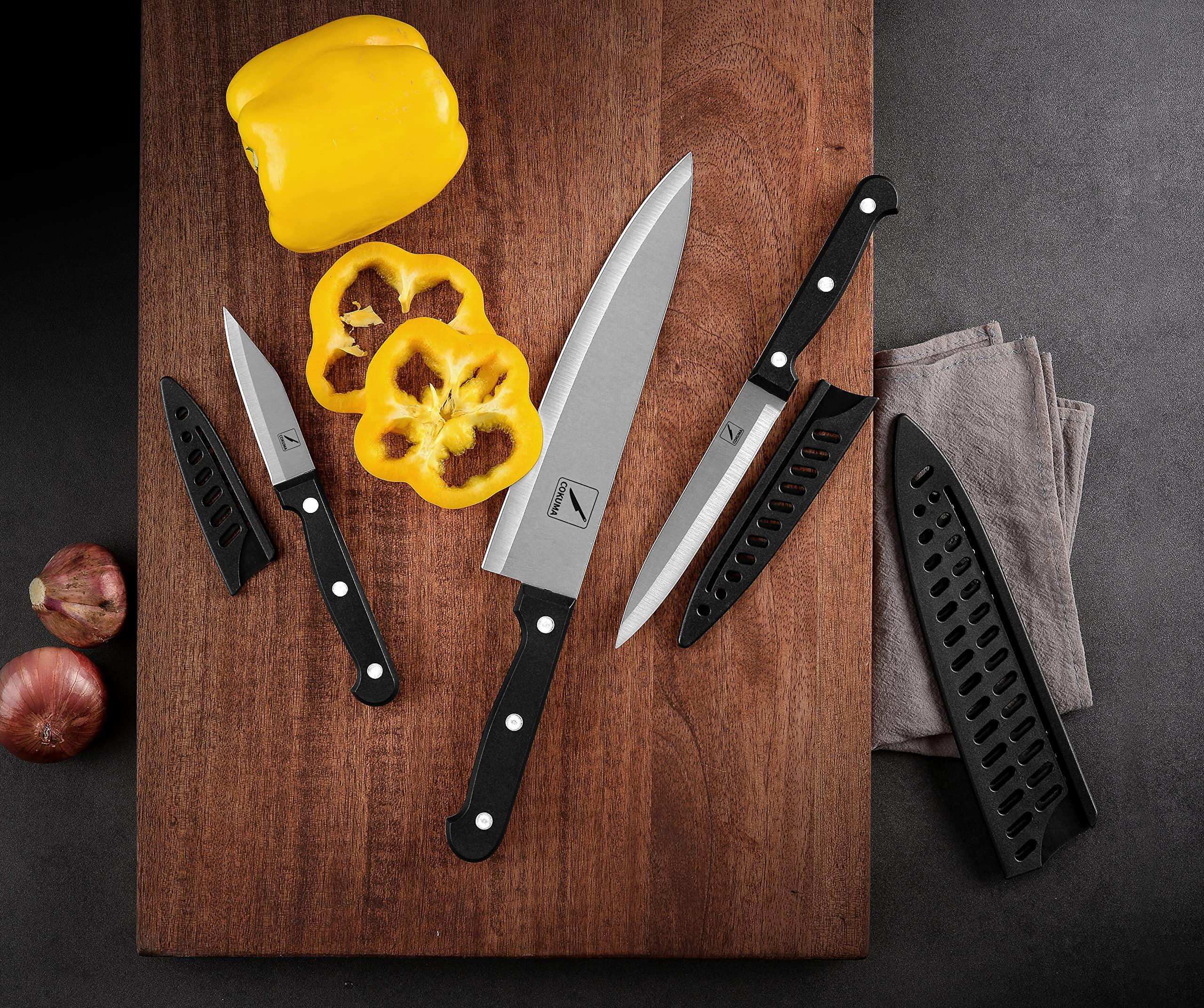 COKUMA Kitchen Knife, 3-Pcs Knife Set With Sheath, 8 Inch Chef Knife, 4.5 Inch Utility Knife, 4 Inch Paring Chef Knife, Stainless Steel, Black - Image 5