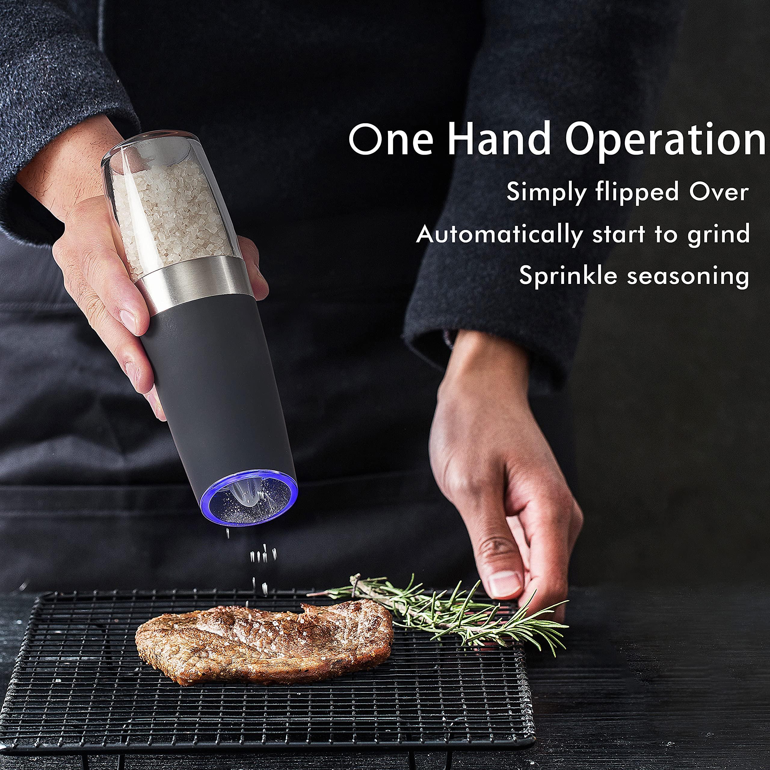 Gravity Electric Pepper and Salt Grinder Set, Battery Operated Pepper Mill with Blue LED Light, One Hand Operation, Flip to Grind, Adjustable Coarseness - Image 4