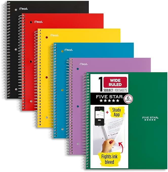Five Star Spiral Notebook + Study App, 6 Pack, 1 Subject, Wide Ruled Paper, 8" x 10-1/2", 100 Sheets, Fights Ink Bleed, Water Resistant Cover, Assorted Colors (38042) by Five Star — Shop at Bazar