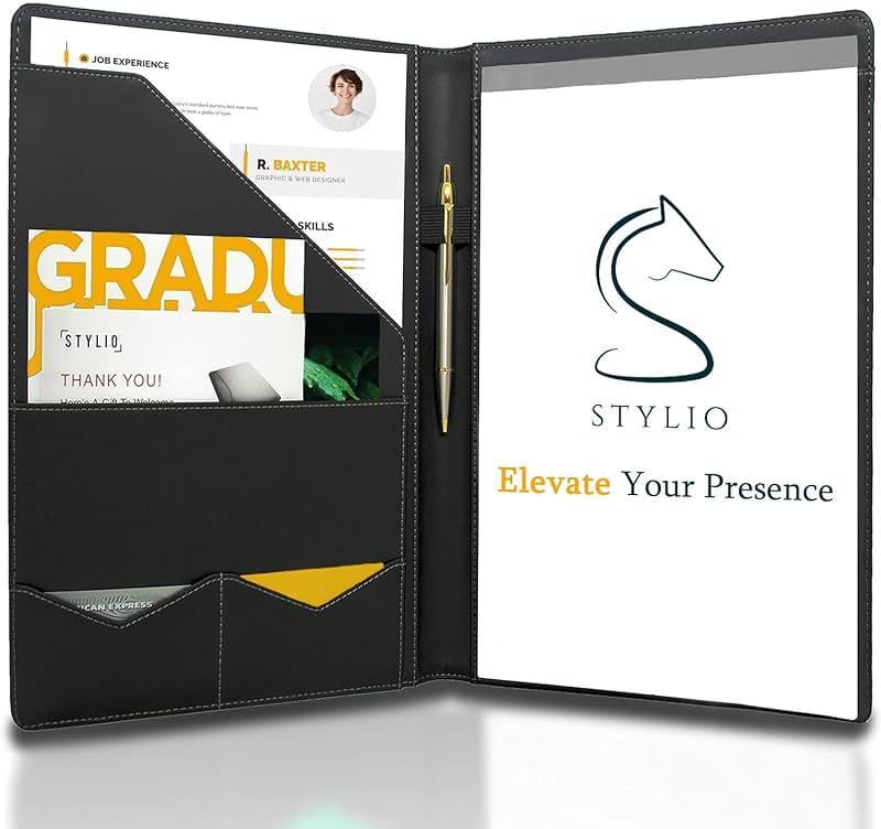 STYLIO Padfolio Portfolio Organizer Binder | Interview Resume Folder, Legal Document, Business Card Holder |w/Letter-Sized Notepad | Handsome Piano Noir Faux Leather Folio Matte Finish, Accent Stitch by Stylio — Shop at Bazar