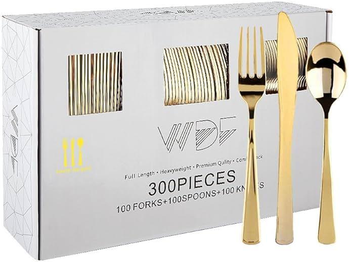 WDF300 Pieces Gold Plastic Silverware - Heavy Duty Disposable Cutlery Set Plastic Gold Silverware Set Includes 100 Forks, 100 Spoons, 100 Knives for Party Baby Shower Wedding Spring by WDF — Shop at Bazar