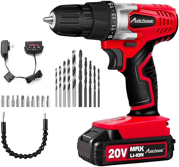 AVID POWER 20V Cordless Drill Set for Home DIY & Beginner Projects - Lightweight Power Drill with Battery Charger & 22 Bits, Variable Speed, 3/8" Keyless Chuck, Ideal for Furniture Assembly (Red) by AVID POWER — Shop at Bazar