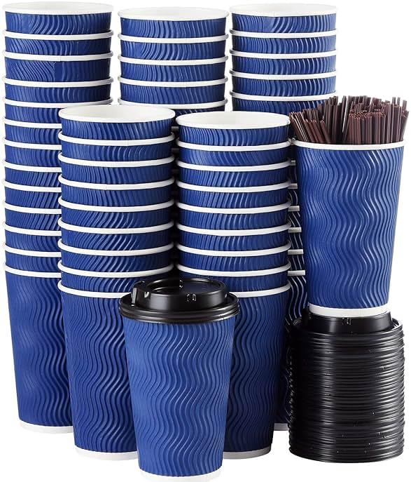 Disposable Coffee Cups with Lids and Straws - 16 oz (90 Set) Togo Hot Paper Coffee Cup with Lid To Go for Hot/Cold Beverages Espresso Tea Insulated Reusable Cold Drinks Ripple Cups Protect Fingers! by Kindpack — Shop at Bazar