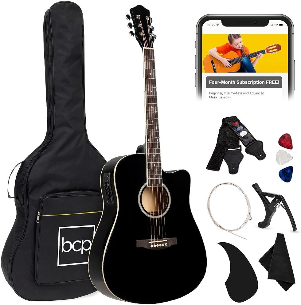 Best Choice Products Beginner Acoustic Electric Guitar Starter Set 41in w/All Wood Cutaway Design, Carrying Case, Strap, Picks, Cable - Black by Best Choice Products — Shop at Bazar