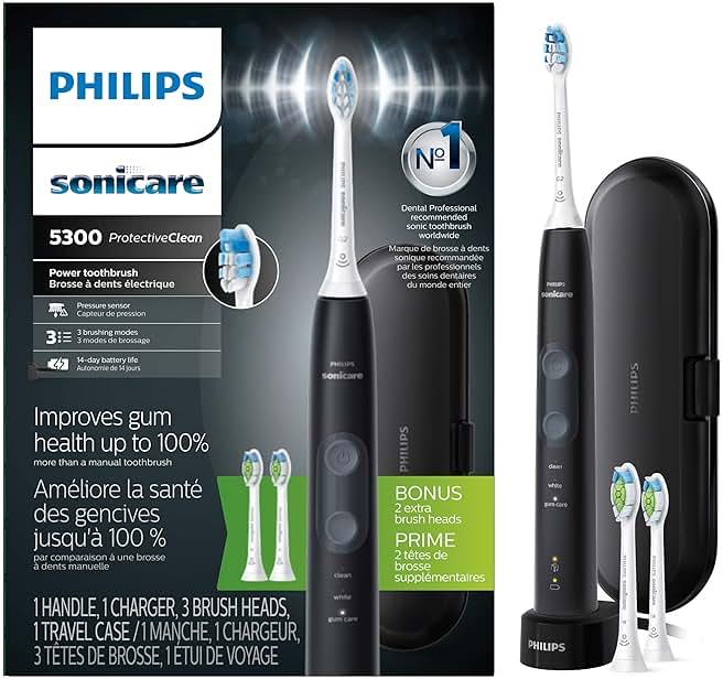 Philips Sonicare ProtectiveClean 5300 Rechargeable Electric Toothbrush, with Pressure Sensor, 3 Cleaning Modes, SmarTimer and QuadPacer, with 2 Bonus Brush Heads, Travel Case, Black, Model HX6423/34 by Philips Sonicare — Shop at Bazar
