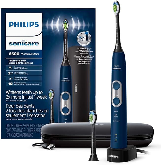 Philips Sonicare ProtectiveClean 6500 Rechargeable Electric Toothbrush, with Pressure Sensor, 3 Cleaning Modes, SmarTimer and QuadPacer, 14-Day Battery Life, Charging Travel Case, Navy Blue, HX6462/07 by Philips Sonicare — Shop at Bazar