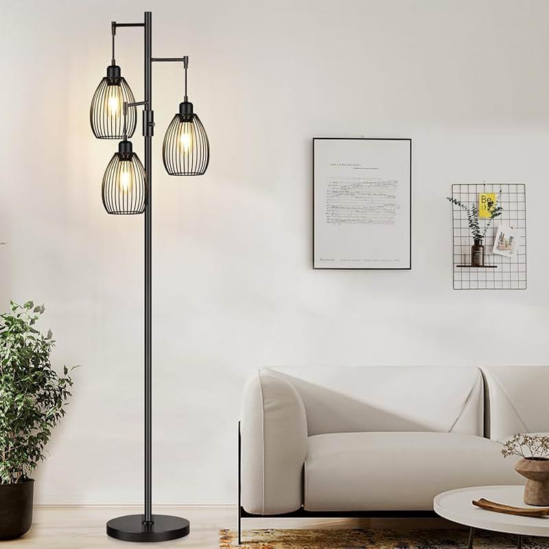 Dimmable Floor Lamp, 3 x 800LM LED Edison Bulbs Included, Farmhouse Industrial Floor Lamp Standing Tree Lamp with Elegant Teardrop Cage Tall Lamps for Living Room Bedroom Office Dining Room-Black by Nintiue — Shop at Bazar