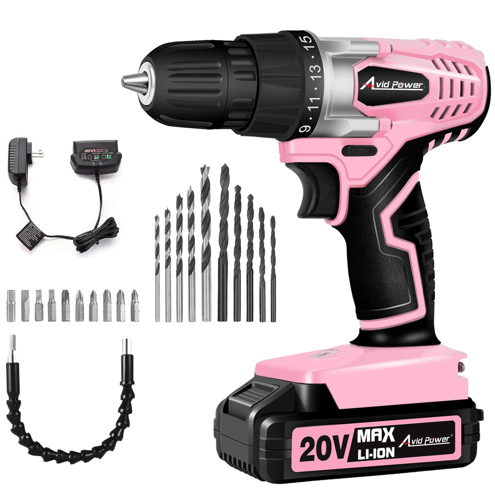 AVID POWER 20V Cordless Drill Set for Home DIY & Beginner Projects - Lightweight Power Drill with Battery Charger & 22 Bits, Variable Speed, 3/8" Keyless Chuck, Ideal for Furniture Assembly (Pink) by AVID POWER — Shop at Bazar