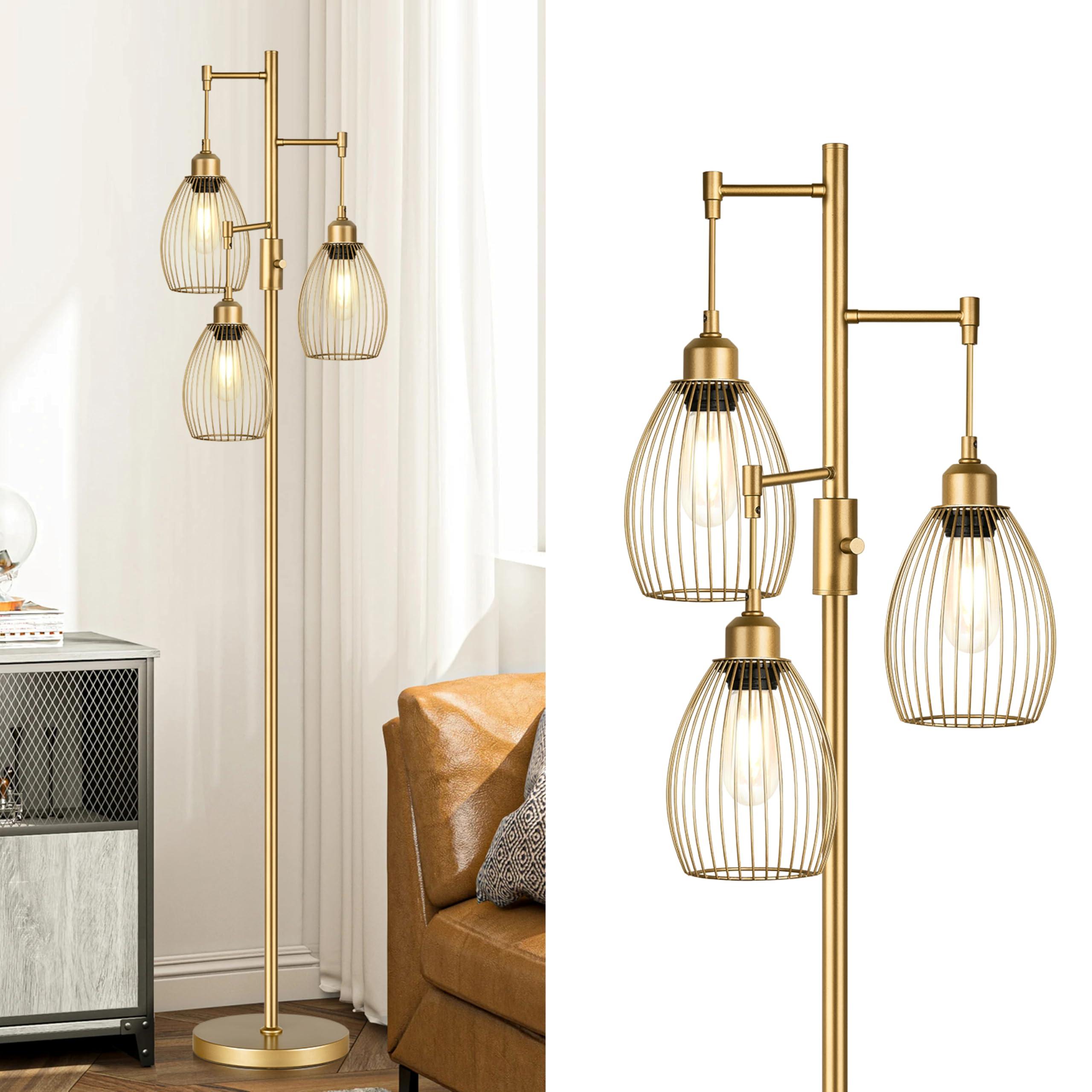 Dimmable Floor Lamp, Industrial Floor Lamps for Living Room, Gold Tree Lamp Standing Lamp Tall Lamps with 3 Elegant Teardrop Cage Head & 800 Lumens LED Bulbs for Living room Bedroom Office Dining Room by Torondo — Shop at Bazar