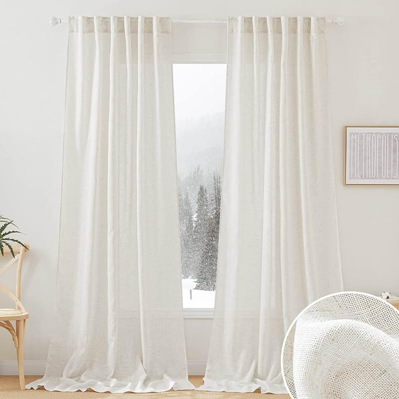 RYB HOME 108 inch Curtains - Flax Linen Blend Semi Sheer Light Glare Filtering Extra Long Drapes for Living Room Dining Doorway Farmhouse Office Sunroom, Linen, Wide 52" by Long 108", 2 Panels by RYB HOME — Shop at Bazar