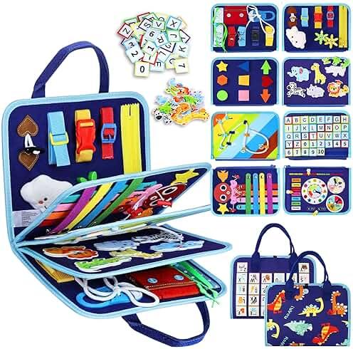 Esjay Toddler Busy Board Montessori Toys for Boys, Sensory Book Educational Activities for Learning Fine Motor Skills, Birthday Gifts for Boys Toddlers, Travel Toys for Airplane Car, Blue Dinosaur by Esjay — Shop at Bazar