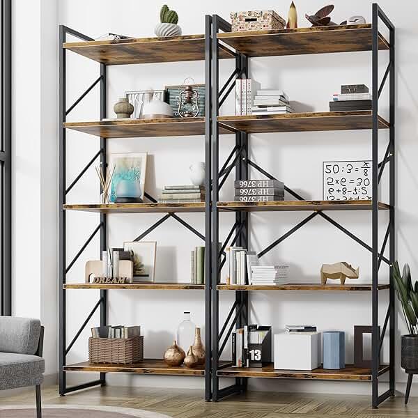 Shintenchi 2 Pieces 5 Tiers Bookshelf, Classically Tall Bookcase Shelf, Industrial Book Rack, Modern Book Holder in Bedroom/Living Room/Home/Office, Storage Rack Shelves for Books/Movies-Rustic Brown by Shintenchi — Shop at Bazar