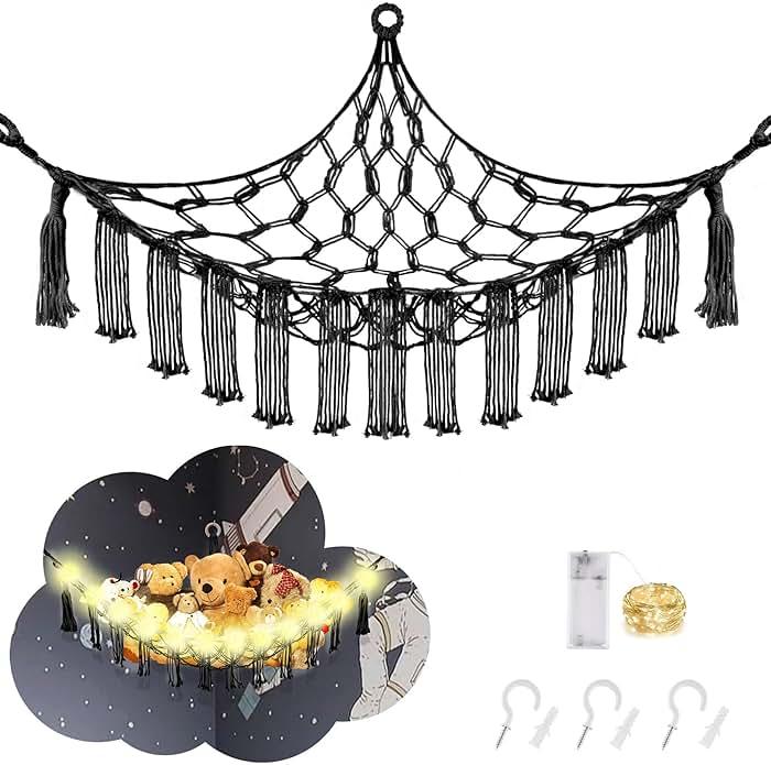 CERETIA Stuffed Animal Hammock with LED Light, Large Stuffed Animals Storage Corner Plushie Net for Kids Room Decor, Black by CERETIA — Shop at Bazar