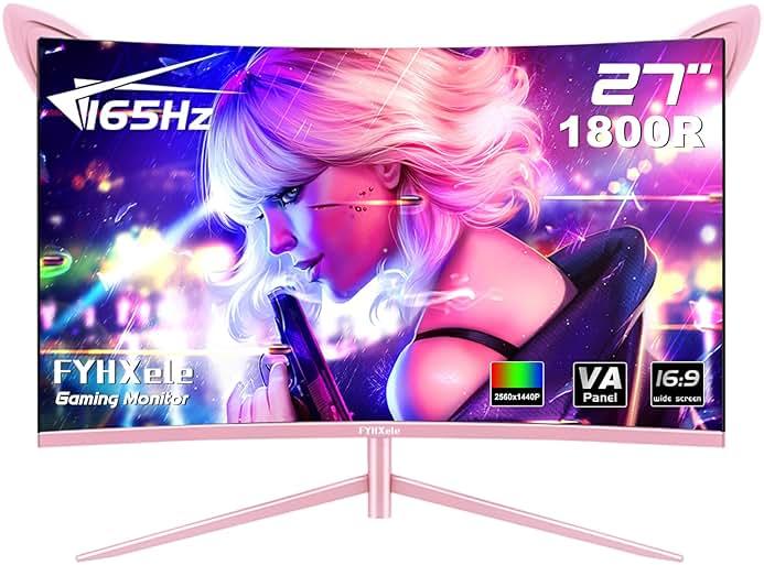 FYHXele FY27QHP Pink Monitor 27 Inch Curved Gaming 165Hz - Support 144Hz 1800R 1ms QHD 2560 x 1440P VA Screen, Built-in Speakers, AMD Free-Sync, HDMI, DP, USB, AUX, Tilt Adjustable by FYHXele — Shop at Bazar