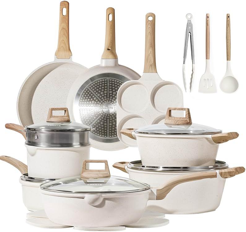 CAROTE 21Pcs Pots and Pans Set, Nonstick Cookware Sets, White Granite Induction Cookware Non Stick Cooking Set w/Frying Pans & Saucepans(PFOS, PFOA Free) Mothers Day by CAROTE — Shop at Bazar