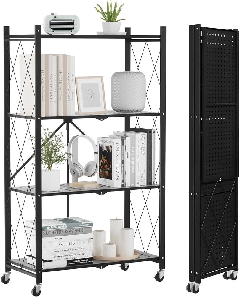ALANNG Heavy Duty 4-Tier Folding Shelf with Wheels, No Tools Assembly Metal Storage Rack Cart, 264LBS Capacity for Kitchen, Pantry, Laundry Room, Garage, (Black, 1PACK) by ALANNG - Shop at Bazar