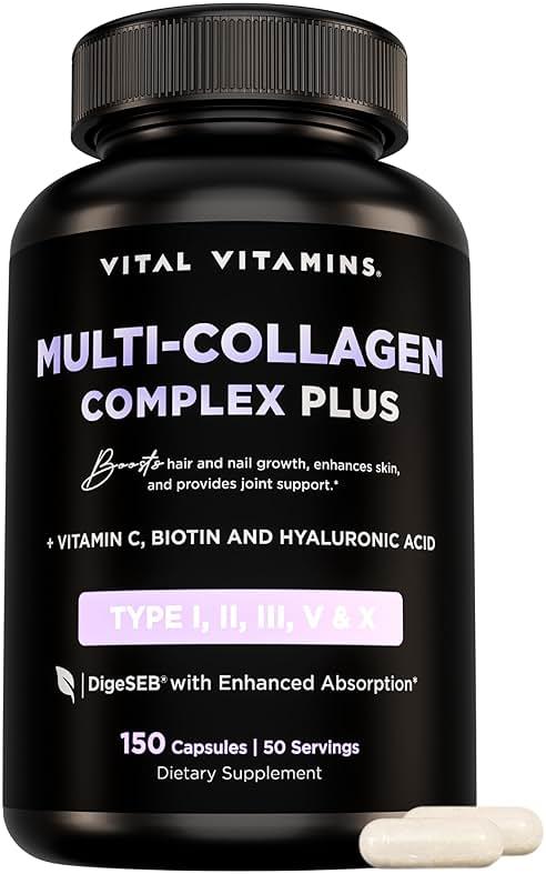 Vital Vitamins Multi Collagen Complex Plus - with Biotin, Hyaluronic Acid, Vitamin C - Type I, II, III, V, X - for Women & Men - Hair, Skin, Nails Beauty Complex - 150 Capsules by Vital Vitamins — Shop at Bazar
