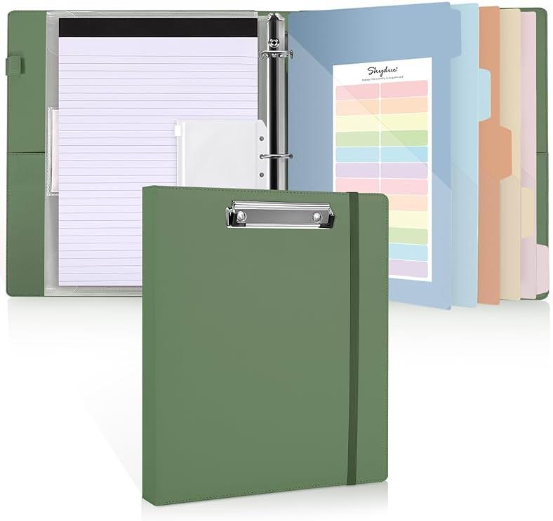 SKYDUE Clipboard Binder with Refillable Notepad, PU Clipboard Folder Includes 5 Dividers with 10 Pockets, Labels, 3 Ring Binder 1 Inch for School Office (Fit Letter Sized Paper),Olivegreen by SKYDUE — Shop at Bazar