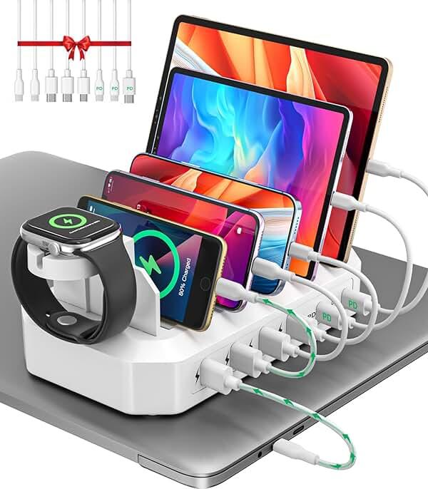 95W Fast Charging Station for Multiple Devices【UL & FCC Tested Safer Charging】 6-Port USB Charging Dock with 2 PD-Port, Compatible with iPhone/Android/MacBook/iPad/Tablet/Kindle(8 Cables Included) by HSicily — Shop at Bazar