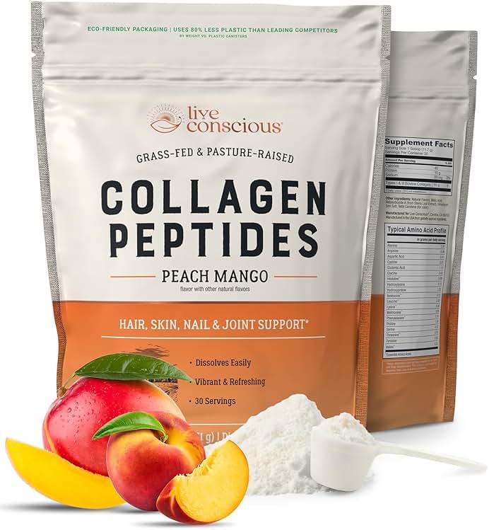 Live Conscious Collagen Peptides Powder - Peach Mango Flavored Collagen Powder - Hair, Skin, Nail, & Joint Support - Type I & III Grass-Fed Collagen Supplements for Women and Men - 30 Servings - 13oz by Live Conscious - Shop at Bazar
