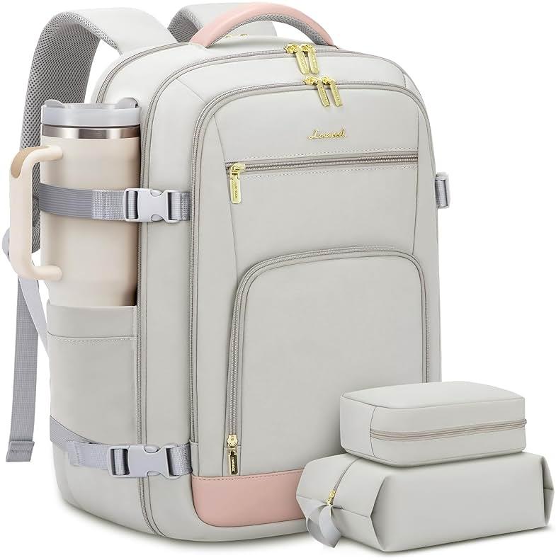 LOVEVOOK Travel Backpack For Women, 40L Carry On Backpack Flight Approved, TSA Personal Item Travel Bag Fits 17 Inch Laptop, Business Weekender Overnight Waterproof Daypack With 2 Cubes, Grey-Pink by LOVEVOOK — Shop at Bazar