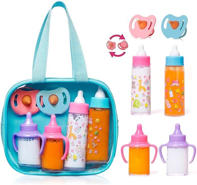 fash n kolor My Sweet Baby Disappearing Doll Feeding Set, Baby Care 6 Piece Doll Feeding Set - for Toy Stroller | 2 Milk & Juice Bottles with 2 Toy Pacifier for Baby Dolls (Blue) by fash n kolor — Shop at Bazar