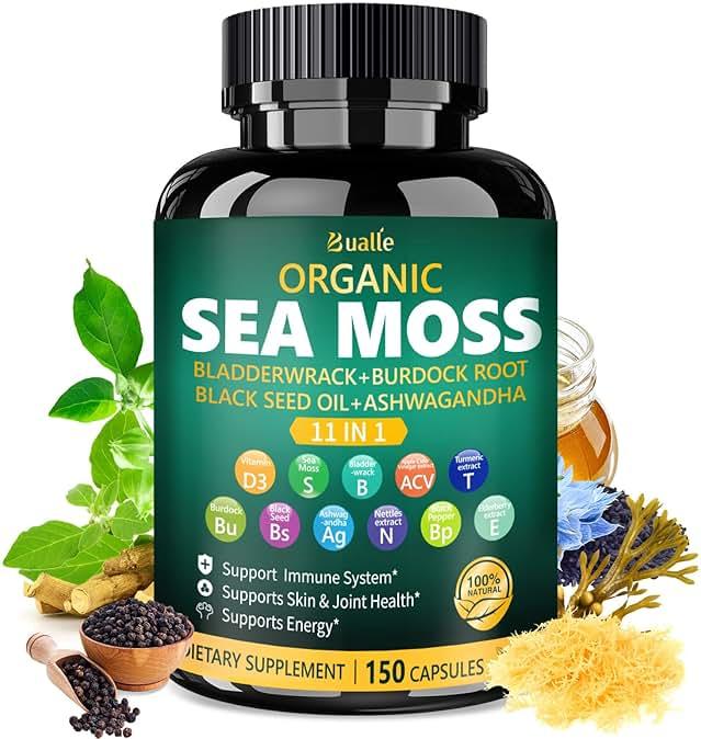 Bualle Irish Sea Moss Capsules – Organic Sea Moss, Black Seed Oil, Ashwagandha Supplements with Bladderwrack, Ginger & Burdock Root – Supports Daily Wellness, Skin & Energy – 150 Count (1 Pack) by Bualle - Shop at Bazar