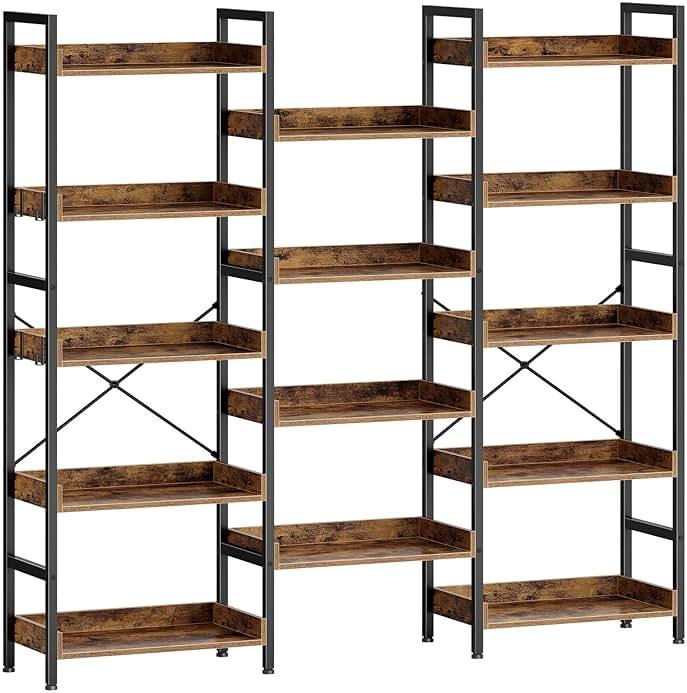 Rolanstar Bookshelf 5 Tiers, Triple Bookcase with Open Display Shelves, Industrial Wide Bookshelf with Metal Frame for Living Room, Office, Rustic Brown by Rolanstar — Shop at Bazar