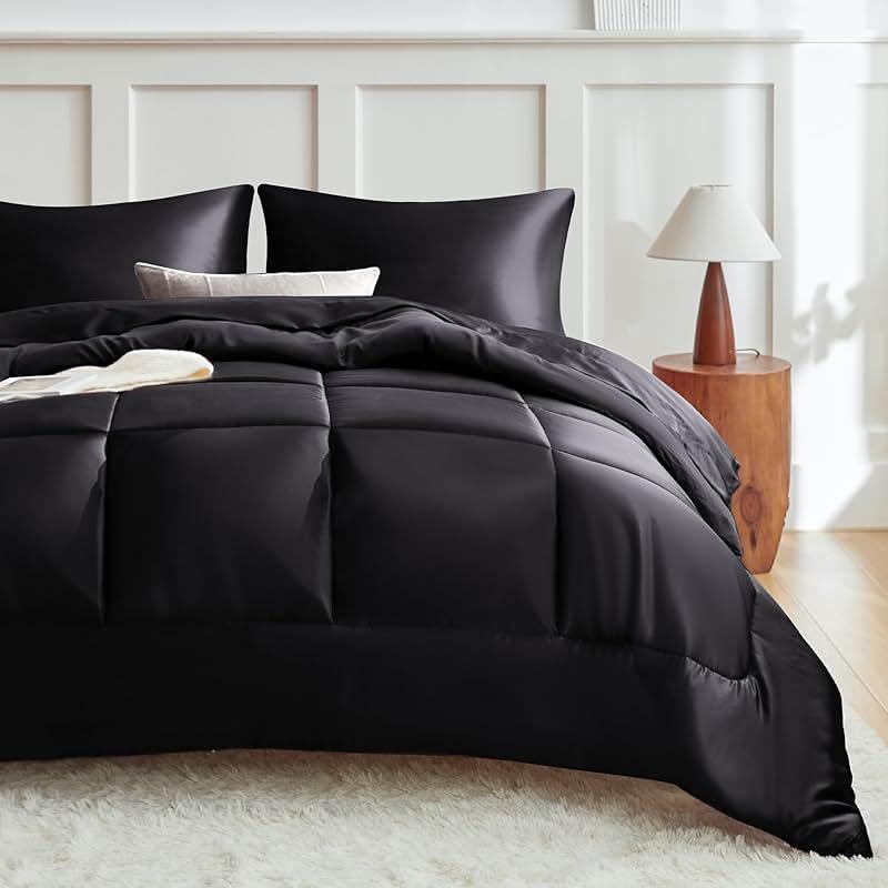 MR&HM Queen Comforter Set Black, Reversible Satin Microfiber Comforter Set for All Seasons, 3 Pieces Non-Slip Silky Soft Bedding Sets with 1 Comforter (90"x90") and 2 Pillowcases (20"x26") by MR&HM — Shop at Bazar