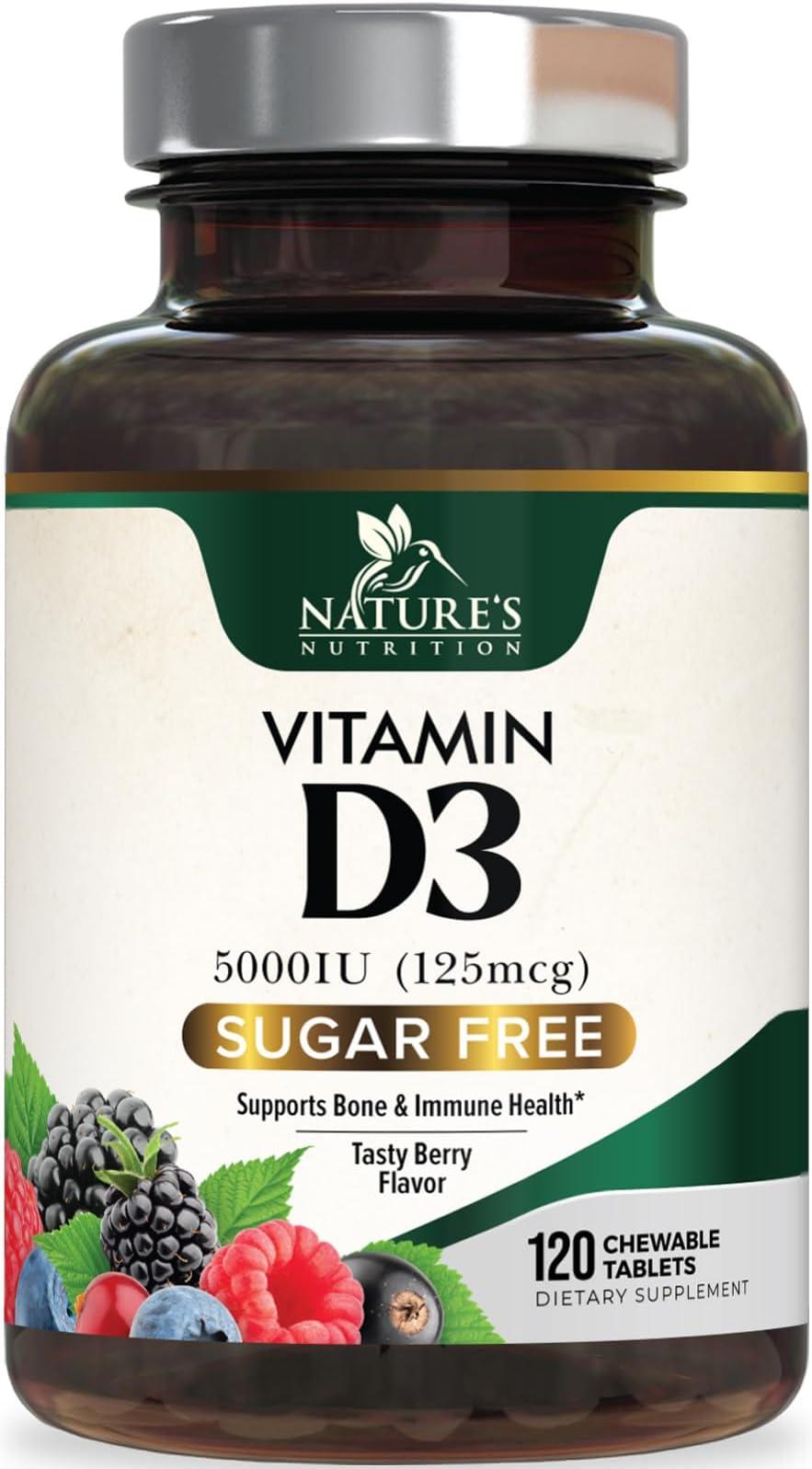 Vitamin D3 5000 IU (125 mcg) Per Serving - Extra Strength Vitamin D Chewable for Immune Support Health - Bone, Teeth and Muscle Supplements - Sugar Free, Gluten Free, USA Bottled - 120 Count Tablets by Nature's Nutrition — Shop at Bazar