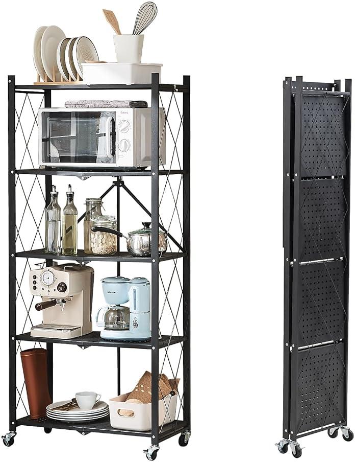 BRIAN & DANY 5-Tier Foldable Storage Shelves with Wheels, Folding Metal Rack Shelving Unit, Heavy Duty No Assembly Organizer Shelf for Garage, Kitchen, Basement, Pantry, Black by BRIAN & DANY — Shop at Bazar