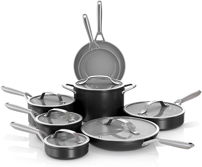 Ninja Ceramic Pro 14-Piece Cookware Set, Non-Stick Pots & Pans Set with Glass Lids, Nontoxic, PTFE Free, Ceramic Coated, Oven Safe, All Stovetops & Induction Compatible, Black, CW39014BK by Ninja — Shop at Bazar