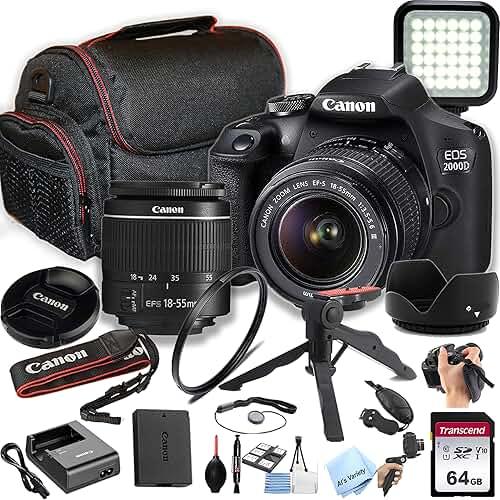 Canon EOS 2000D / Rebel T7 DSLR Camera w/EF-S 18-55mm F/3.5-5.6 Zoom Lens + 64GB Memory, LED Video Light, Case, Gripster Tripod, and More (Essential Bundle) (Renewed) by Canon — Shop at Bazar