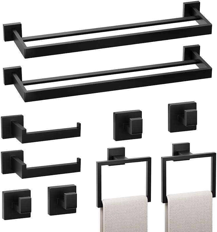 ENCYS 10-Pieces Bathroom Hardware Set,23.6inch Wall Mounted Double Towel Bar Set，Towel Rack&Toilet Paper Holder&Towel Ring and Towel Hook;Bathroom Accessories Set(Matte Black) by ENCYS — Shop at Bazar