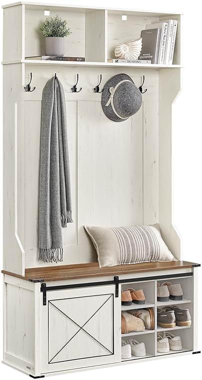 VASAGLE Hall Tree with Bench and Shoe Storage, Coat Rack with Shoe Bench, Entryway Furniture, 6 Tri-Hooks, Sliding Door, Farmfouse Style, Space Saving, Rustic White and Honey Brown UHSR442W01 by VASAGLE — Shop at Bazar