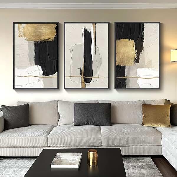 Large Framed Black and White Abstract Wall Art for Living Room, 3 Piece Big Canvas Prints Paintings Artwork for Walls, Modern Minimalist Black Gold Pictures for Hallway Office Wall Decor 24x36 Inch by Cuspin — Shop at Bazar