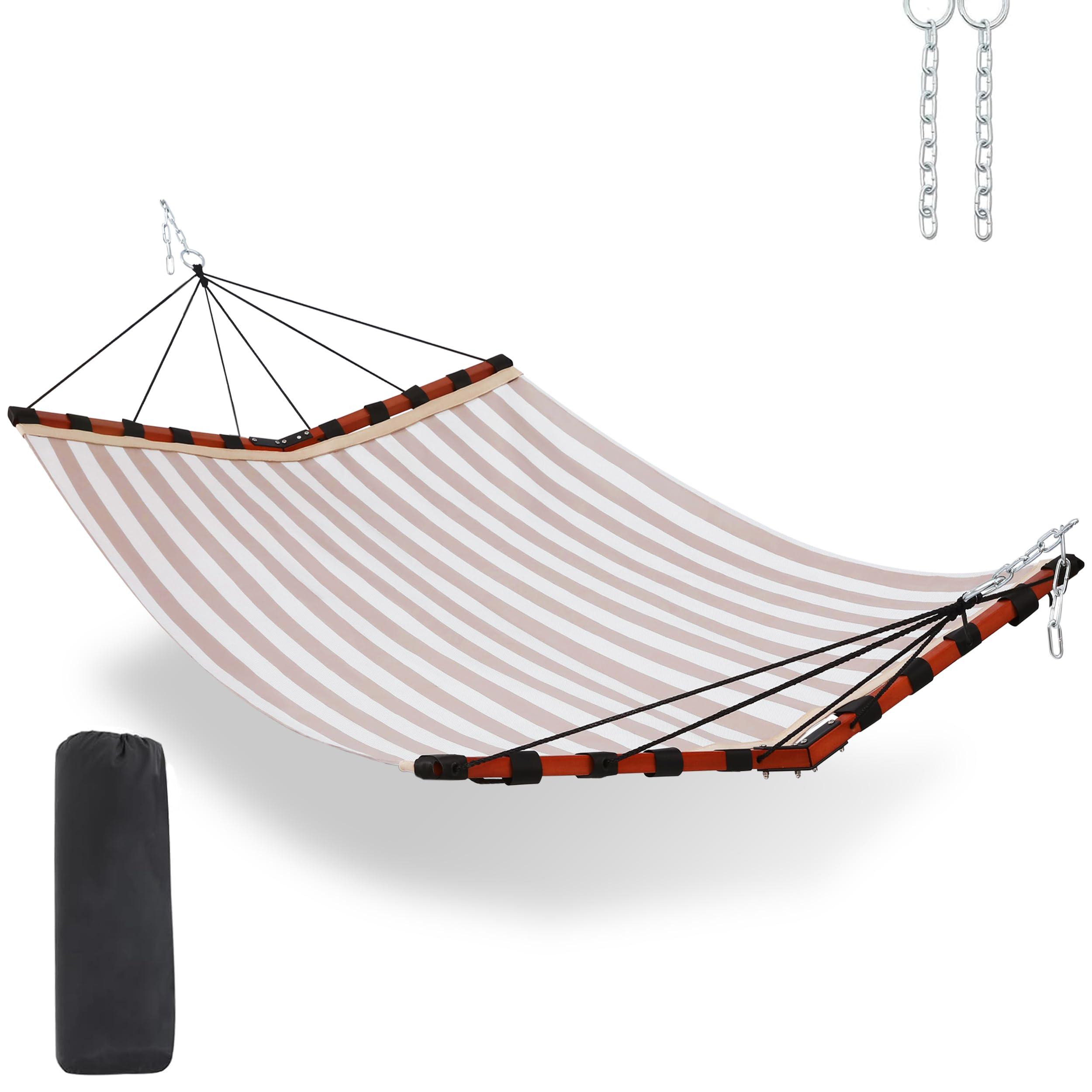 TegerDeger 12FT 2 Person Hammock Large Hammock Quick Dry 450LB Capacity with V Shaped Hardwood Spreader Bar & Nylon Rope for Outside, Patio, Garden, Backyard, Beach, Poolside - Beige Stripes by TEGERDEGER — Shop at Bazar